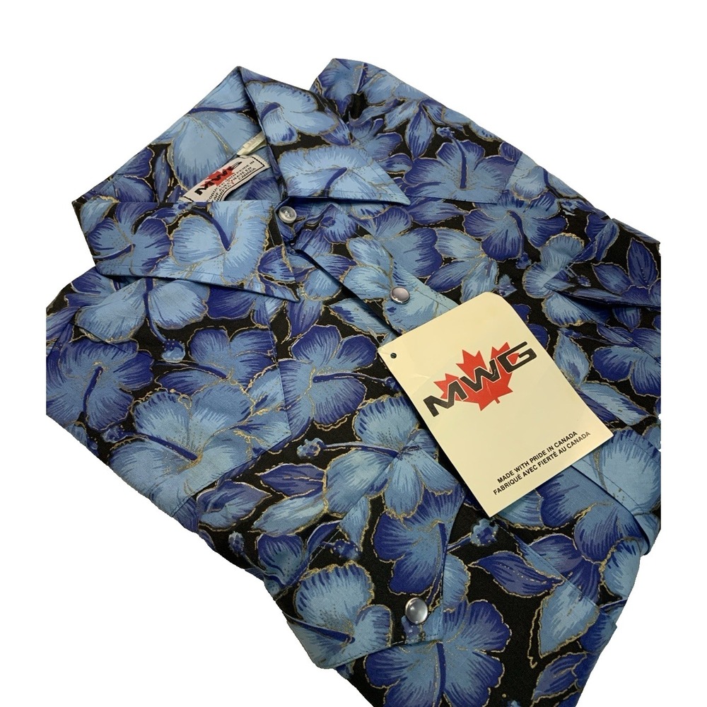 VTG NWT MWG Western Shirt Size‎ M Blue Floral Hibiscus Pearl Snap Made in Canada